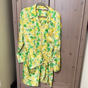Zara print satin button tie dress yellow lime
